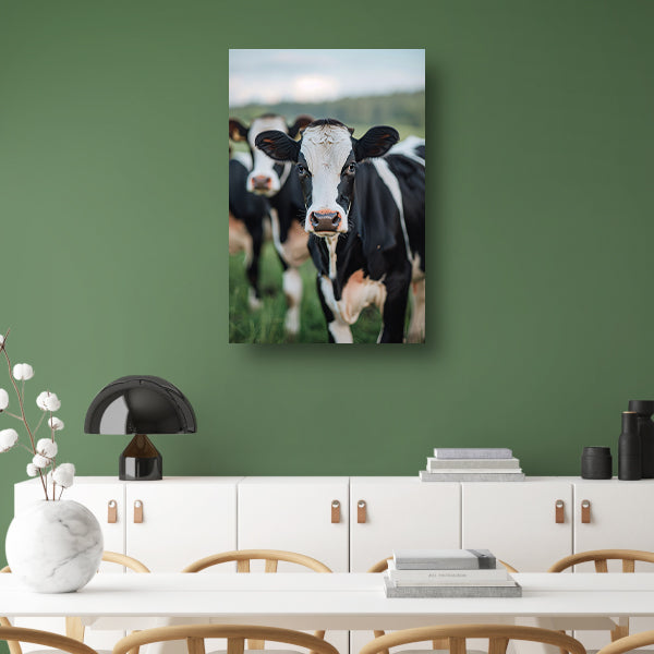 Zwart-wit portret van een nieuwsgierige koe canvas