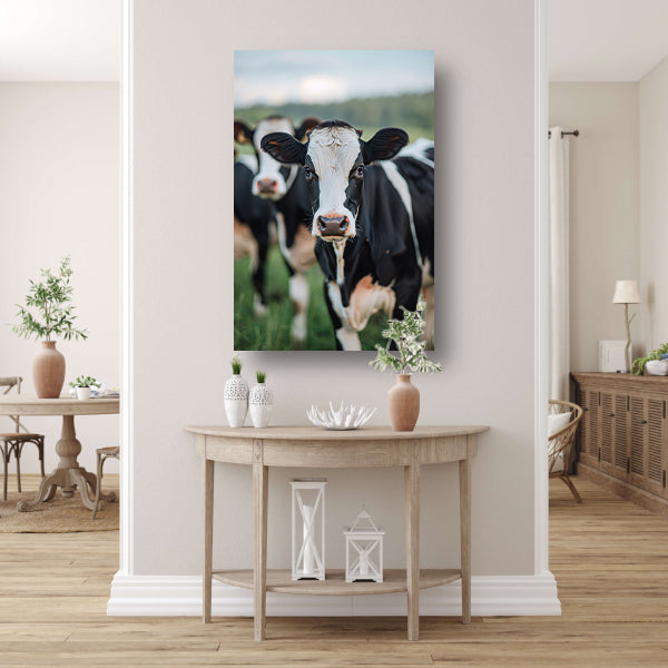 Zwart-wit portret van een nieuwsgierige koe canvas