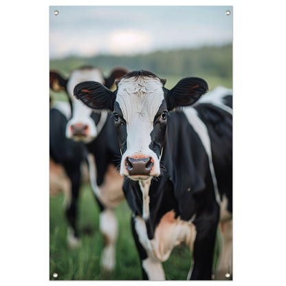 Zwart-wit portret van een nieuwsgierige koe tuinposter