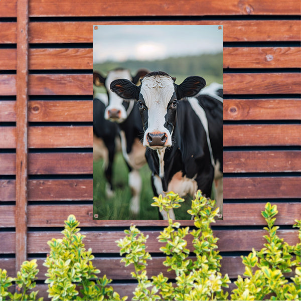 Zwart-wit portret van een nieuwsgierige koe tuinposter