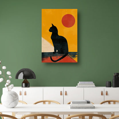 Zwarte Kat in Abstract Zonsondergang canvas met baklijst