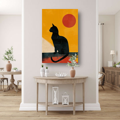 Zwarte Kat in Abstract Zonsondergang canvas met baklijst