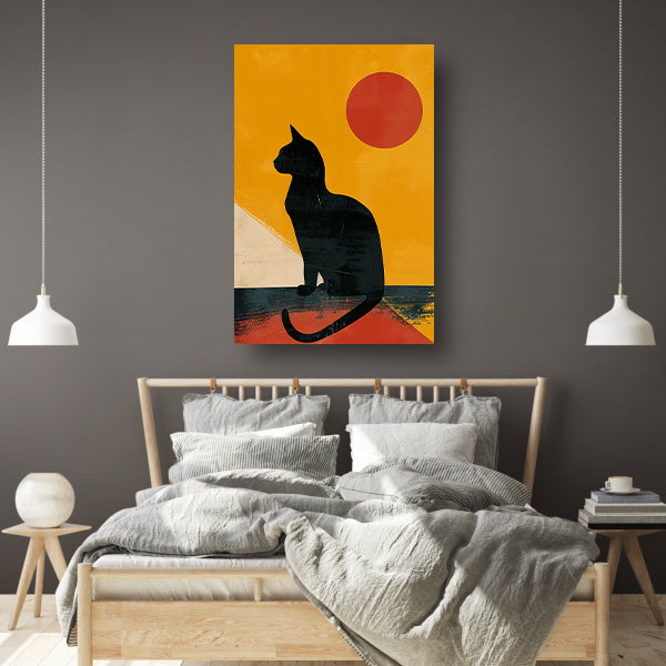 Zwarte Kat in Abstract Zonsondergang canvas met baklijst