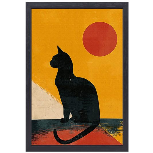 Zwarte Kat in Abstract Zonsondergang canvas met baklijst