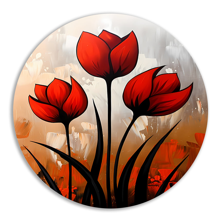 Abstract schilderij van rode tulpen aluminium muurcirkel