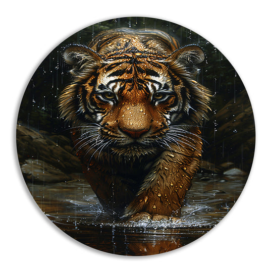 Portret van een Tijger in de Regen aluminium muurcirkel