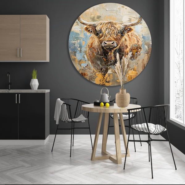 Abstract schilderij van een Schotse hooglander aluminium muurcirkel