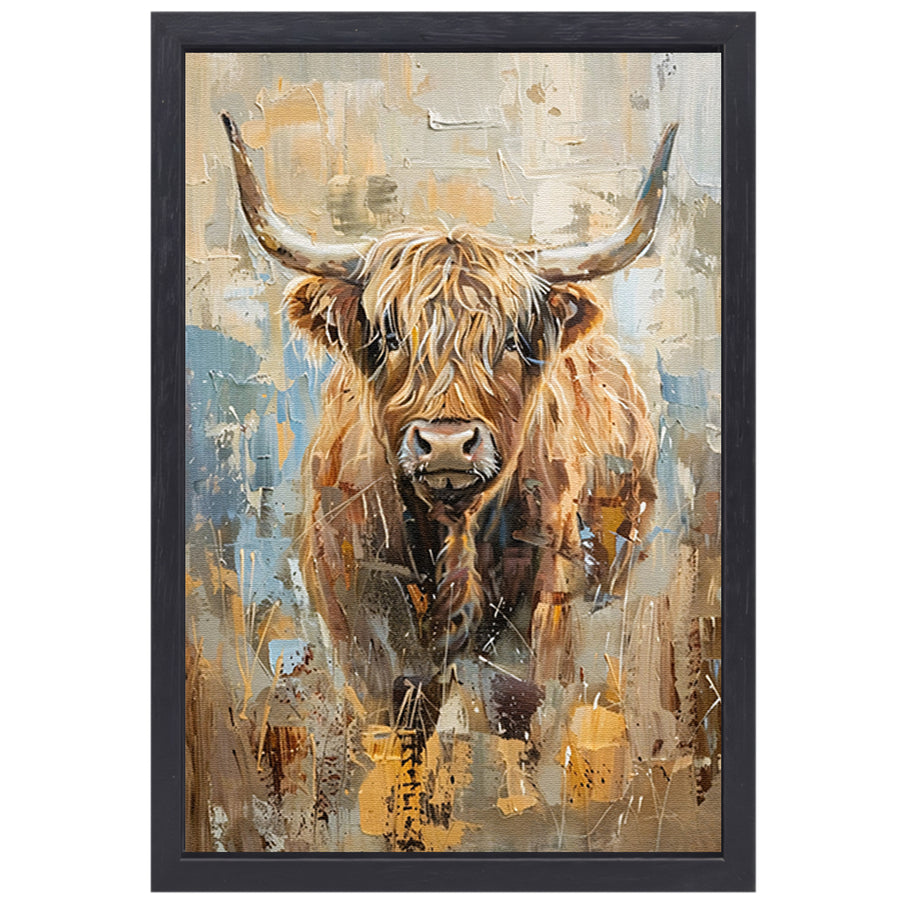 Abstract schilderij van een Schotse hooglander canvas met baklijst
