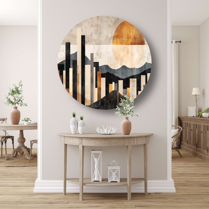Minimalistische Stedelijke Skyline met Zon aluminium muurcirkel