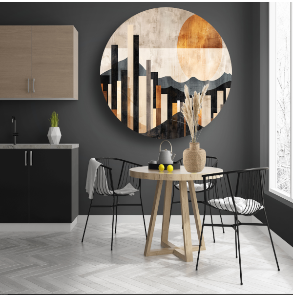 Minimalistische Stedelijke Skyline met Zon aluminium muurcirkel
