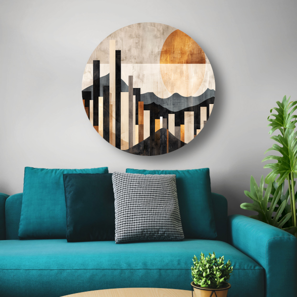 Minimalistische Stedelijke Skyline met Zon aluminium muurcirkel