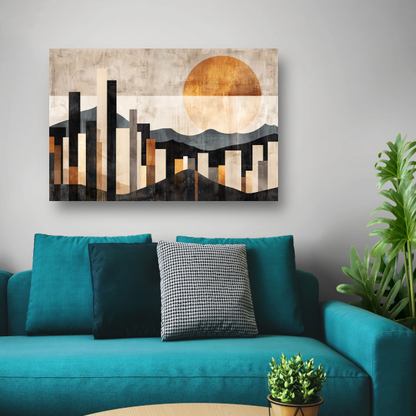 Minimalistische Stedelijke Skyline met Zon canvas met baklijst