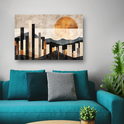 Minimalistische Stedelijke Skyline met Zon poster