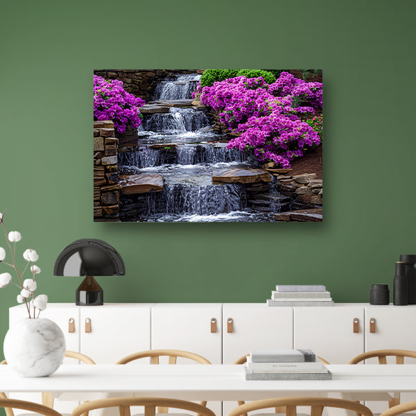 Tuin met paarse rhododendrons en watervallen poster