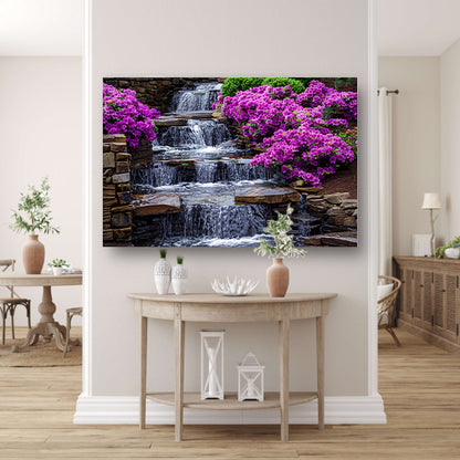 Tuin met paarse rhododendrons en watervallen poster