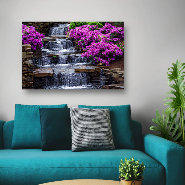 Tuin met paarse rhododendrons en watervallen poster