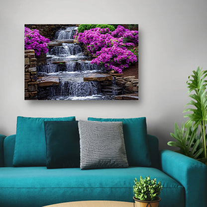 Tuin met paarse rhododendrons en watervallen poster