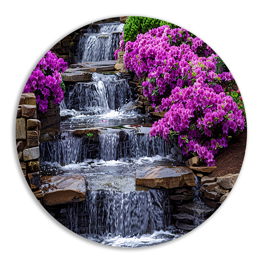 Tuin met paarse rhododendrons en watervallen forex muurcirkel