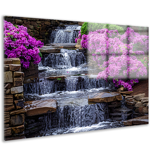 Tuin met paarse rhododendrons en watervallen acrylglas