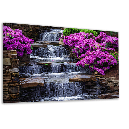 Tuin met paarse rhododendrons en watervallen canvas