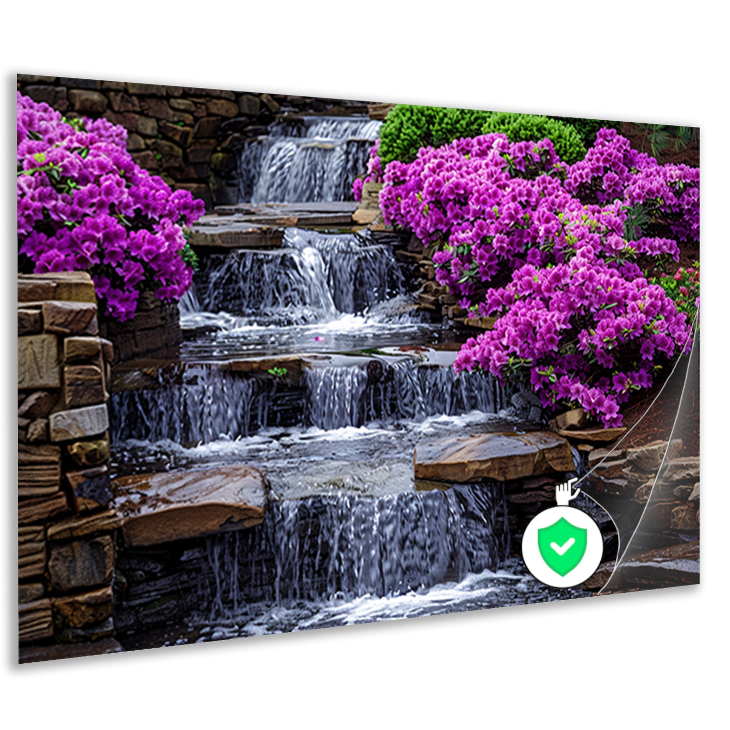 Tuin met paarse rhododendrons en watervallen poster