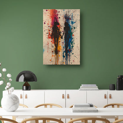 Twee figuren dansend in een explosie van kleuren poster