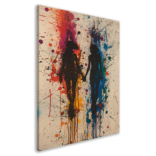 Twee figuren dansend in een explosie van kleuren canvas
