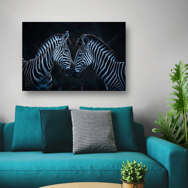 Twee zebra’s in donkere omgeving canvas met baklijst