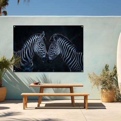 Twee zebra’s in donkere omgeving tuinposter