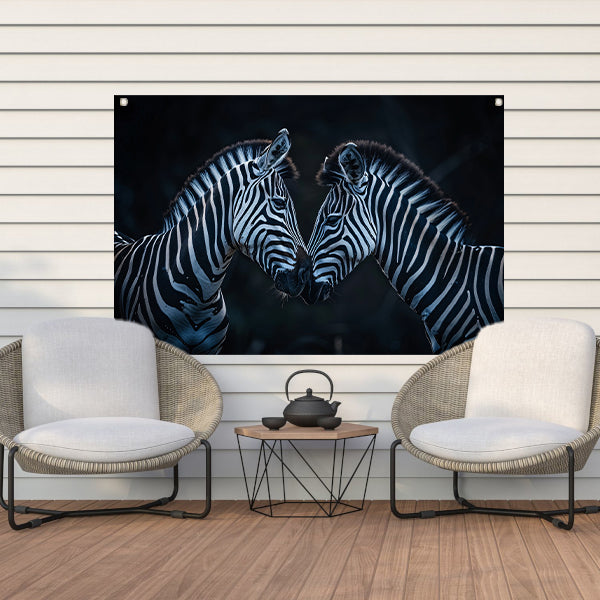 Twee zebra’s in donkere omgeving tuinposter