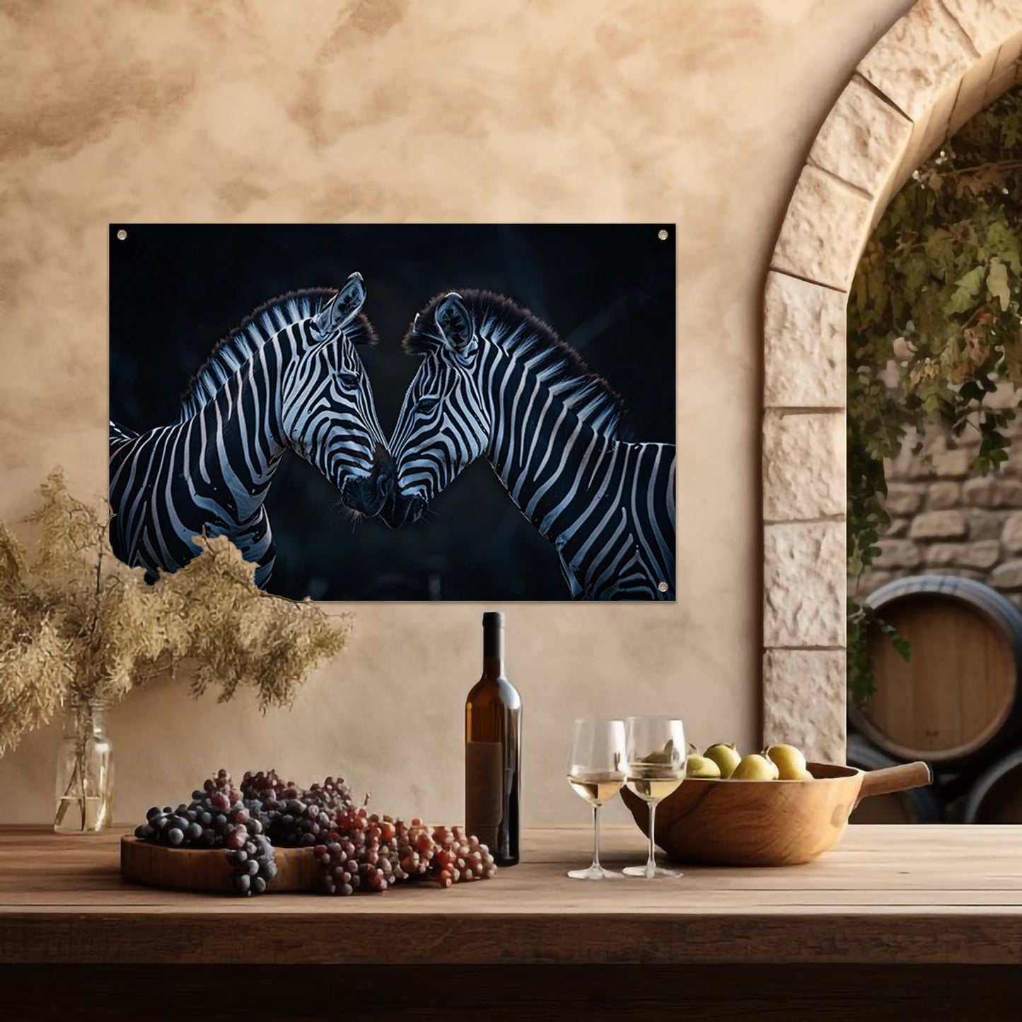 Twee zebra’s in donkere omgeving tuinposter