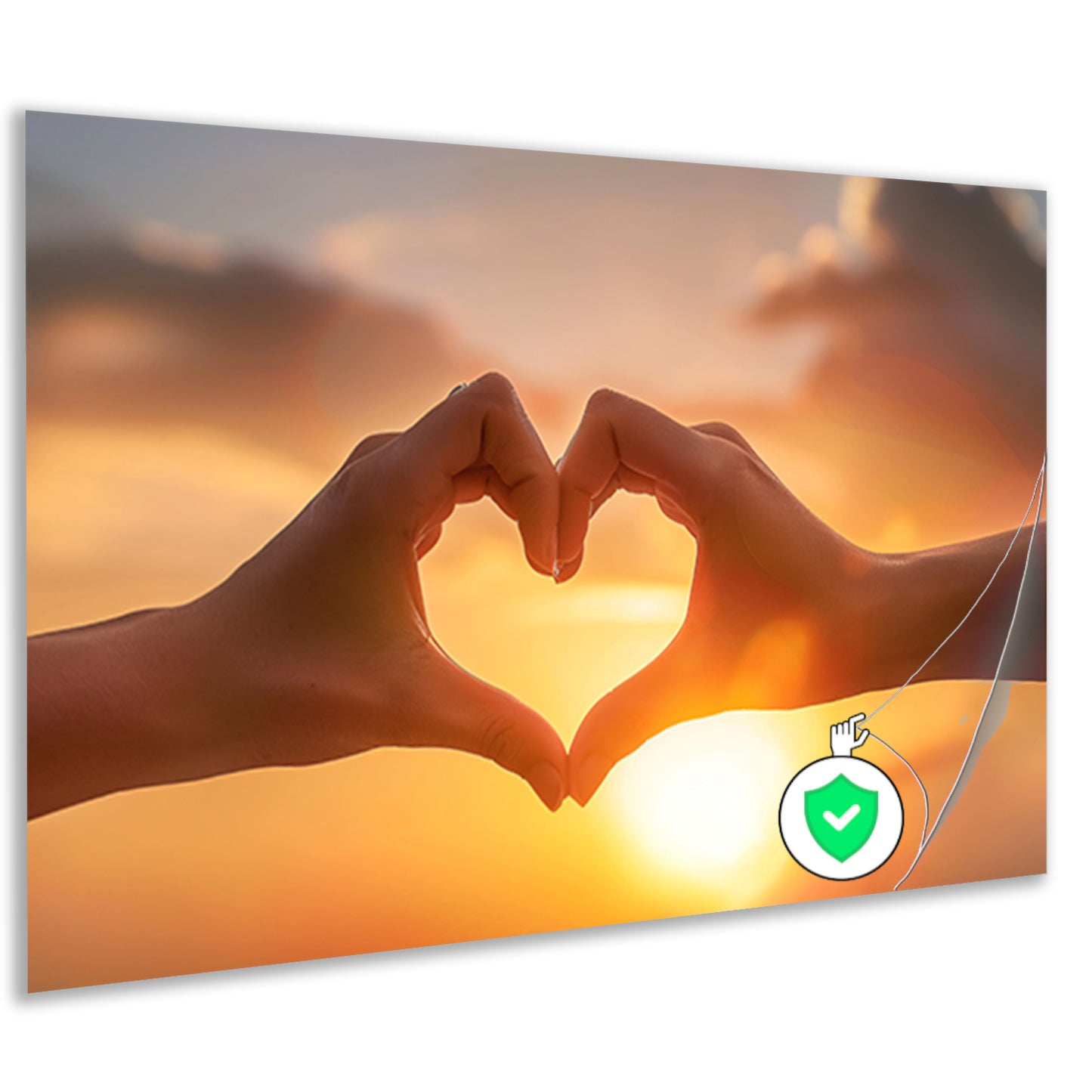 Handen vormen hart bij zonsondergang poster