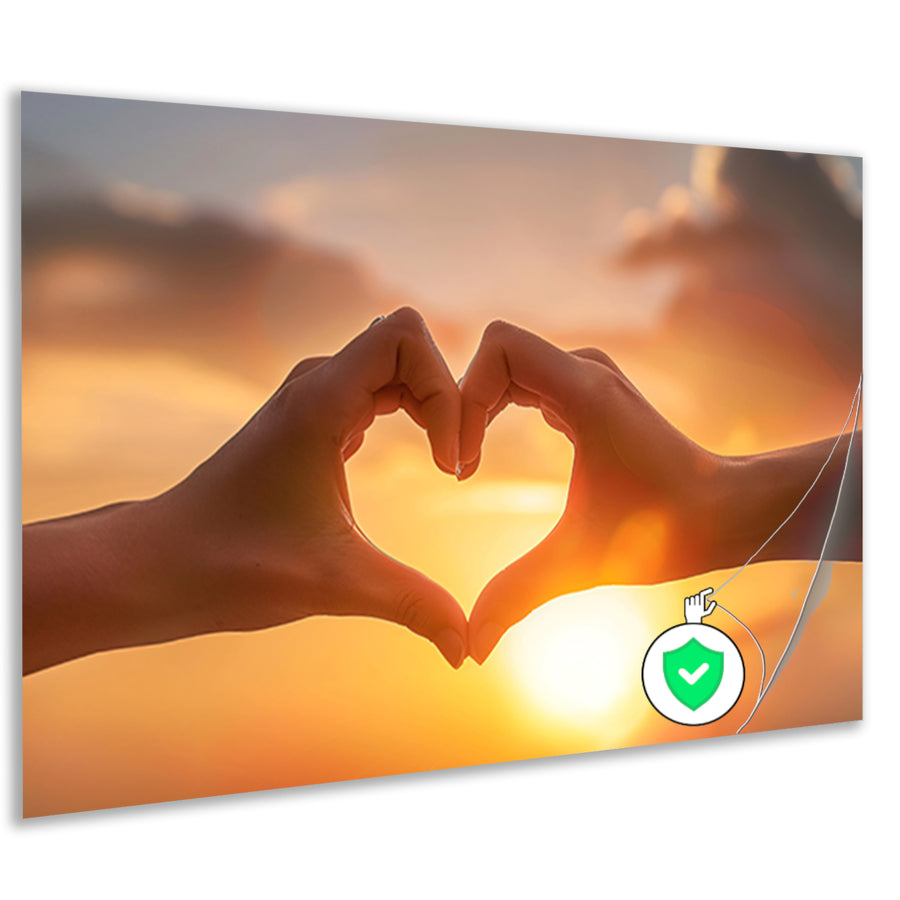 Handen vormen hart bij zonsondergang poster