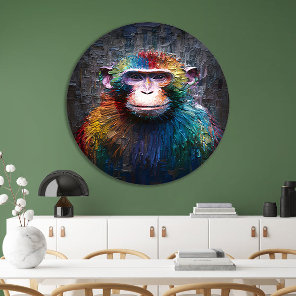 Expressieve Kleurrijke Aap met Dynamische Kwaststreken aluminium muurcirkel