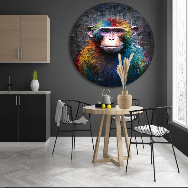 Expressieve Kleurrijke Aap met Dynamische Kwaststreken aluminium muurcirkel