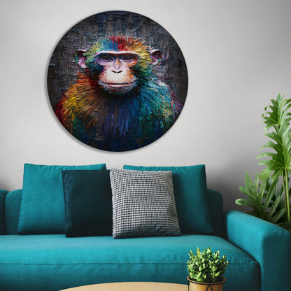 Expressieve Kleurrijke Aap met Dynamische Kwaststreken aluminium muurcirkel