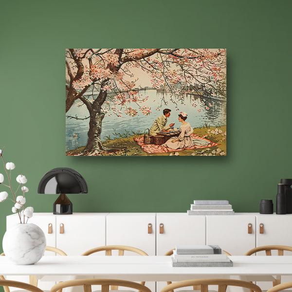 Romantische picknick onder bloeiende kersenbomen poster
