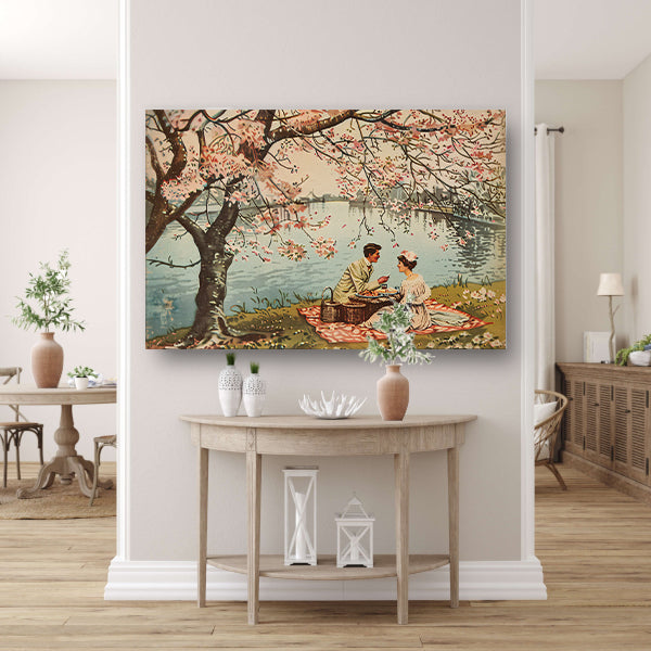 Romantische picknick onder bloeiende kersenbomen poster