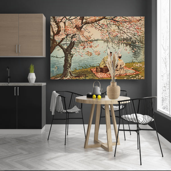 Romantische picknick onder bloeiende kersenbomen poster