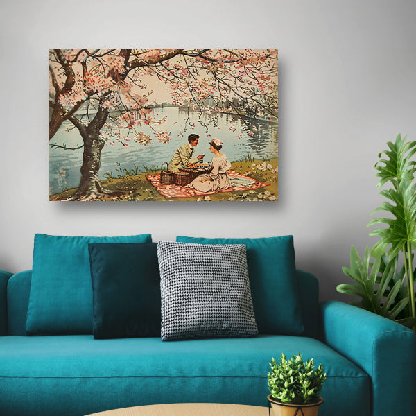 Romantische picknick onder bloeiende kersenbomen poster