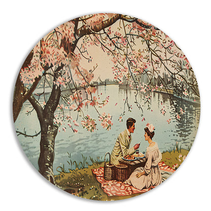 Romantische picknick onder bloeiende kersenbomen aluminium muurcirkel