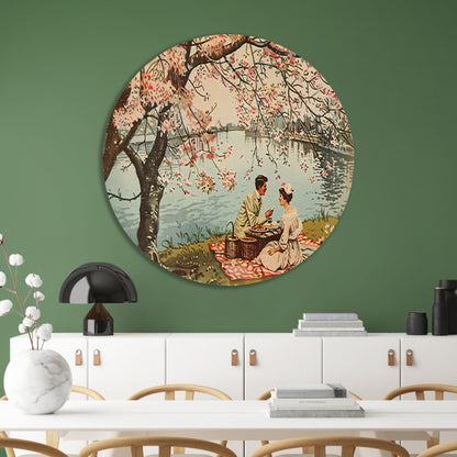 Romantische picknick onder bloeiende kersenbomen aluminium muurcirkel