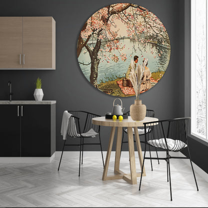 Romantische picknick onder bloeiende kersenbomen aluminium muurcirkel