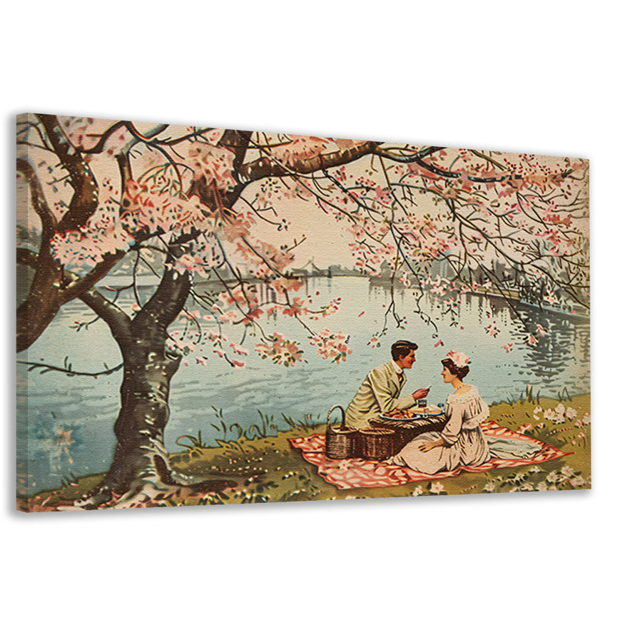 Romantische picknick onder bloeiende kersenbomen canvas