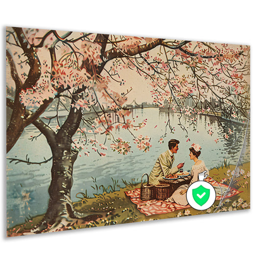 Romantische picknick onder bloeiende kersenbomen poster