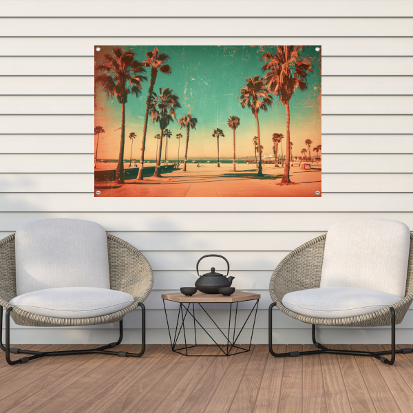 Sepia Palmbomen op een Zonovergoten Strand tuinposter