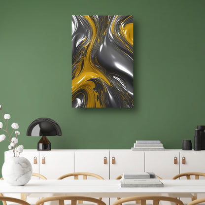 Dynamische Abstractie in Zilver en Geel canvas met baklijst