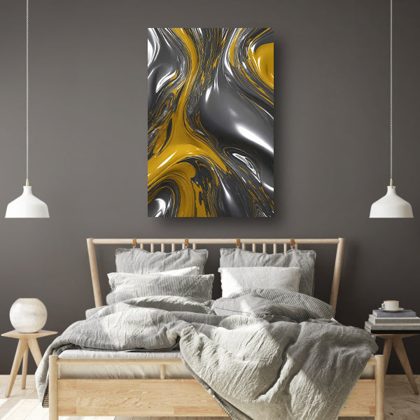 Dynamische Abstractie in Zilver en Geel canvas met baklijst