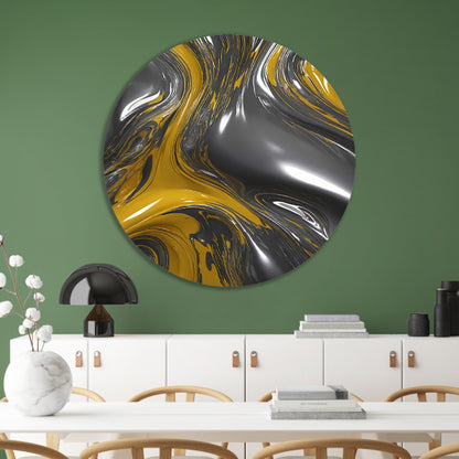 Dynamische Abstractie in Zilver en Geel aluminium muurcirkel