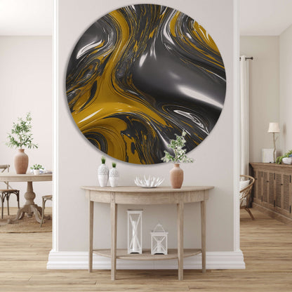 Dynamische Abstractie in Zilver en Geel aluminium muurcirkel